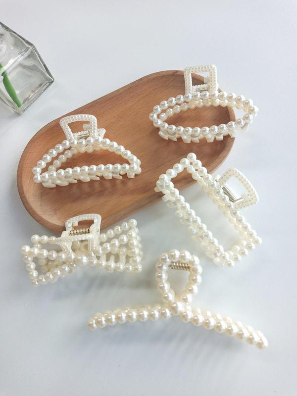 Summer 2024 Elegant Style Geometric Faux Pearl Decor Hair Claw Clips, Gorgeous Bow Design Hair Claws Set, Fashion Kawaii Hair Accessories for Women & Girls 2