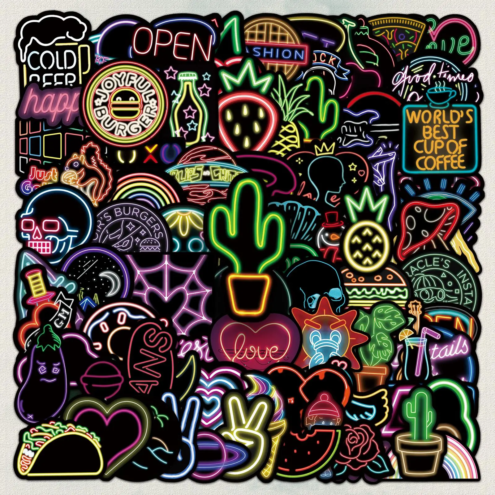 Neon Sign Pattern Sticker, 100pcs/set Creative Trendy Graffiti Sticker, Decorative Sticker for Phone Case, Computer, Guitar, Bag, Water Cup, Scrapbook