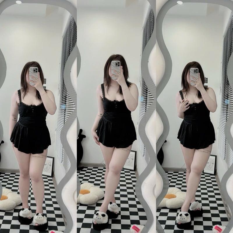 BIGSIZE THUN REN Bộ ngủ mặc nhà Nữ mùa hè thun phối ren mịn bigsize chupachups đồ ngủ bigsize 55-90kg Đen - Xám lông chuột vibigsize3 nth Kem Tim Nhung Women