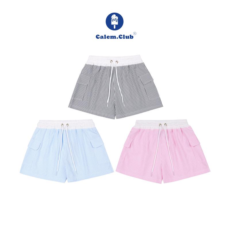 Calem Club - Quần Short kate nữ họa tiết kẻ sọc lưng chun dây rút form cạp thấp  Women