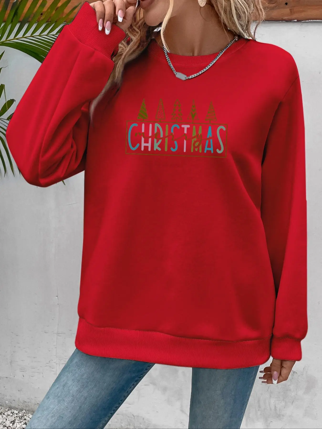Women's Christmas Tree & Letter Print Thermal Lined Sweatshirt, Casual Long Sleeve Crew Neck Pullover for Fall & Winter, Fashion Women's Top for Daily Wear