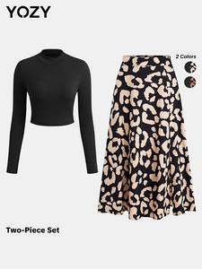 YOZY Mock Neck Top & All Over Print Split Hem Skirt Set, Elegant Fashion Casual Long Sleeve Top & High Waist Midi Skirt, 2024 Women's Spring & Autumn Outfits for Daily Outdoor Wear, Tummy Flattering