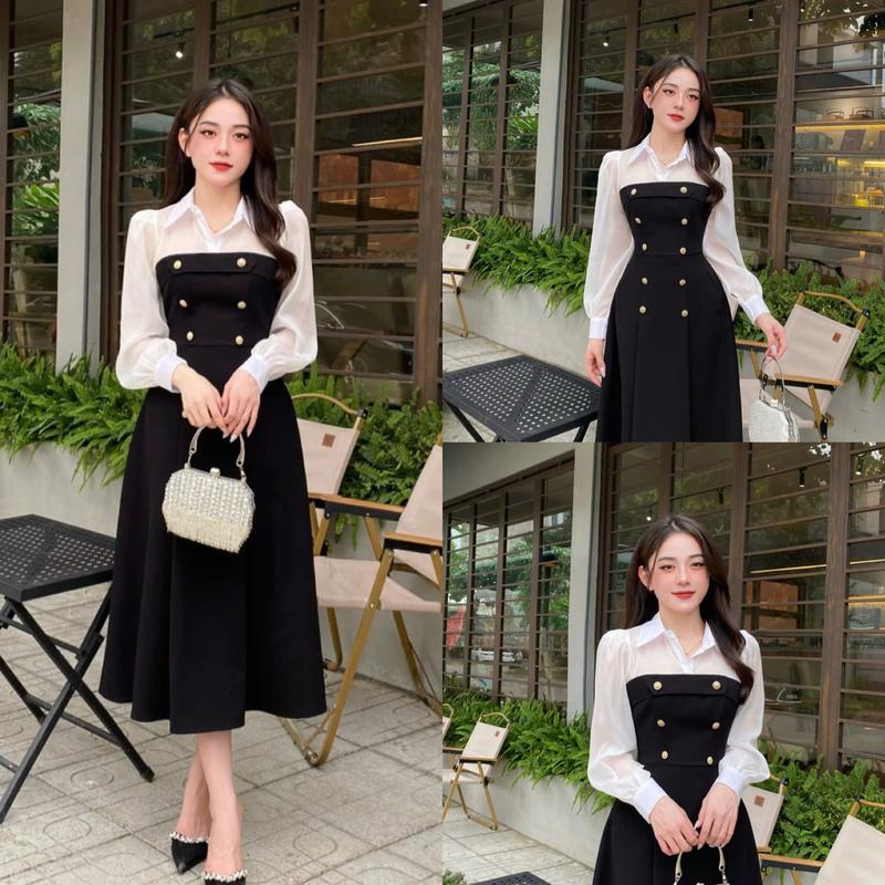 Váy Thiết Kế Evii M71 dành cho nữ Đầm thiết kế cổ bẻ phối tơ đính cúc tạo điểm nhấn dáng A xòe dài phù hợp đi làm, đi chơi và đi dự tiệc Có Bigsize Women Dress