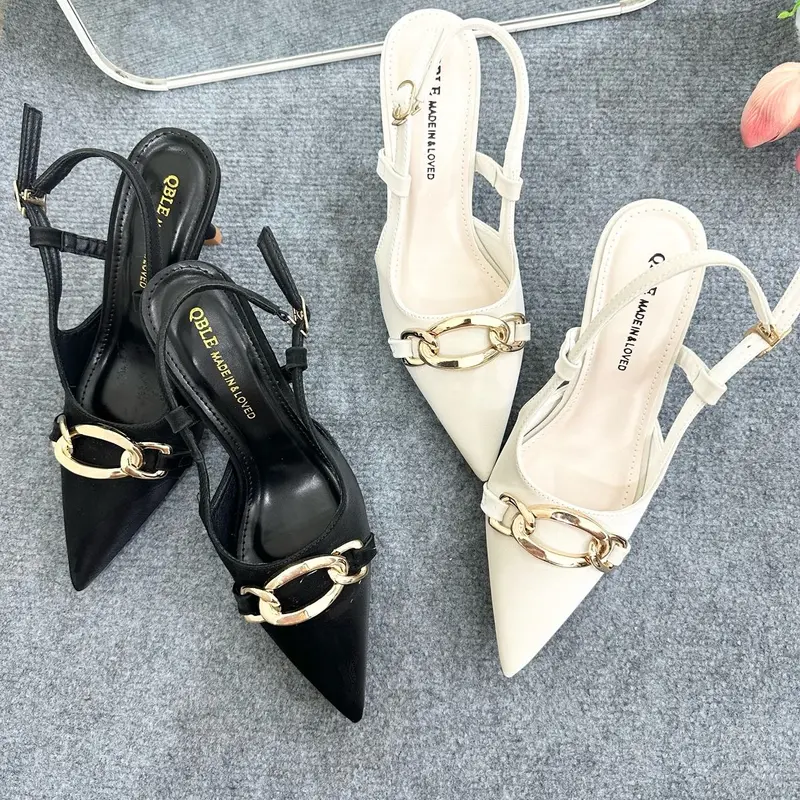 CH21- giày cao gót 9cm Phối Xích Bản To hai màu Đen Trắng Shoes chất liệu tuyết nhung Sang chảnh ( Fom chuẩn size)  Nữ DéP Jean 8