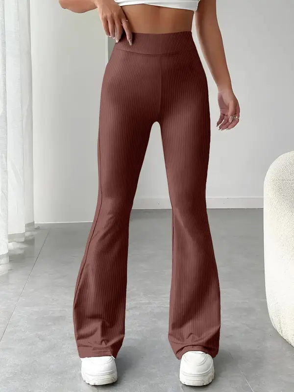 Women's Solid Ribbed Flare Leg Sports Pants, Casual Comfy High Waist Bell Bottom Trousers for Daily Wear, Ladies Bottoms Clothing for All Seasons 5