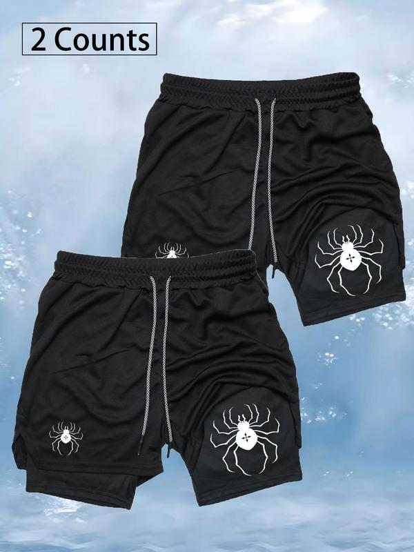 Men's Spider Print 2 in 1 Drawstring Waist Sporty Shorts, Casual Sporty Regular Fit Quick Drying Breathable Bottoms, Men Sports Clothes for Gym Workout Running 4
