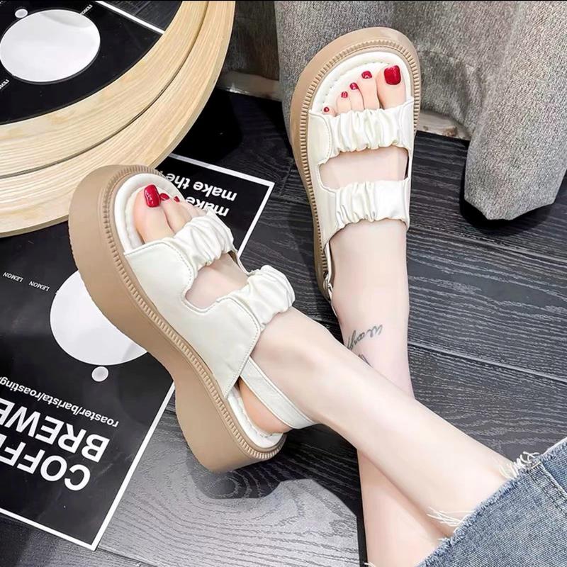 Giày sandal đế dày hở ngón quai nhún bèo phong cách Hàn Quốc Thời trang mùa hè dành cho nữ Shoes DéP