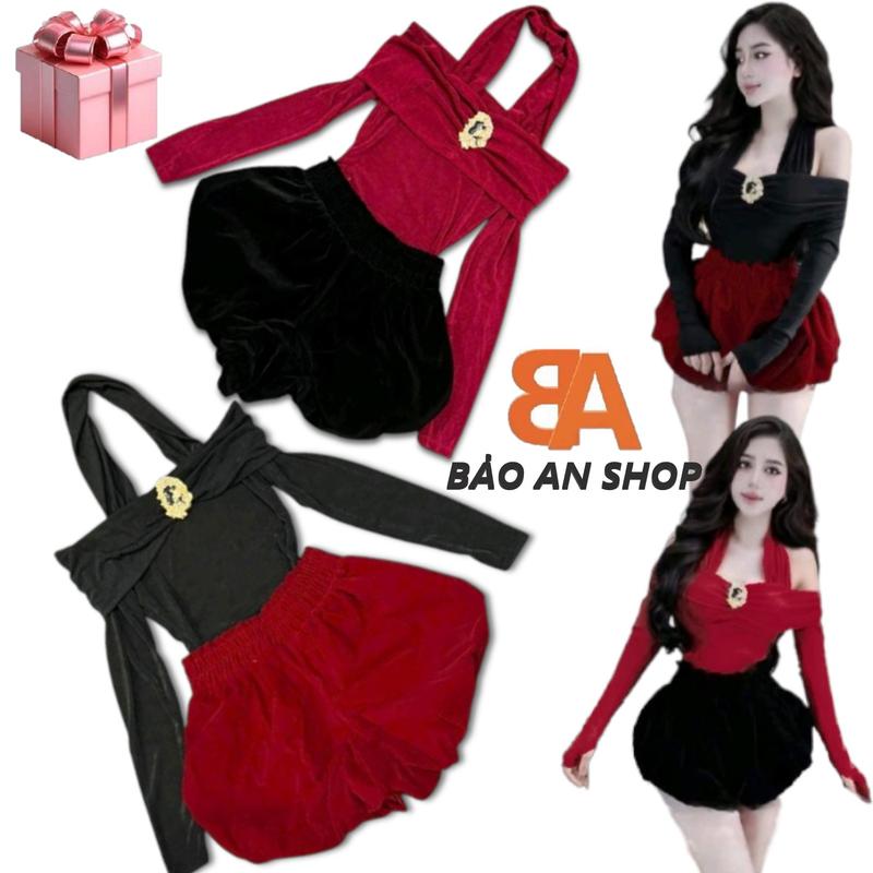 SB-278 Sét bộ nữ 2 món áo trễ vai dây choàng cổ thun nhũ ôm body phối quần đùi bí chất nhung lưng co dãn eo 58-75cm