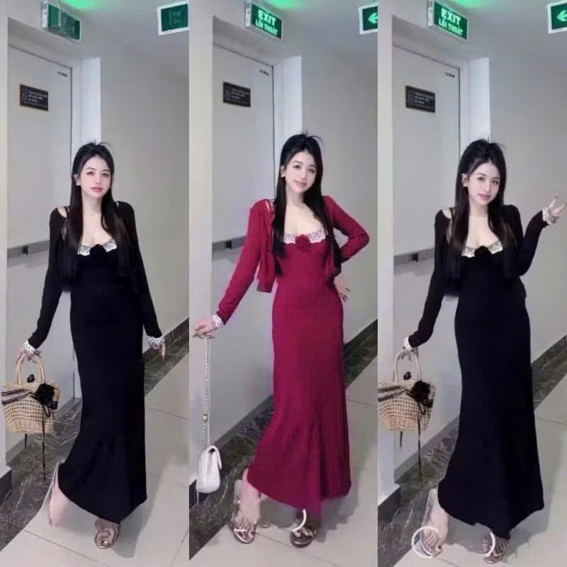 Set đầm hai dây viền ren đính hoa kèm áo khoác suông tay dài thanh lịch - set bộ nữ  841 chất thun gân lạnh Váy boby , váy body nữ tôn dáng , váy xinh , váy đi tiệc , váy đi biển