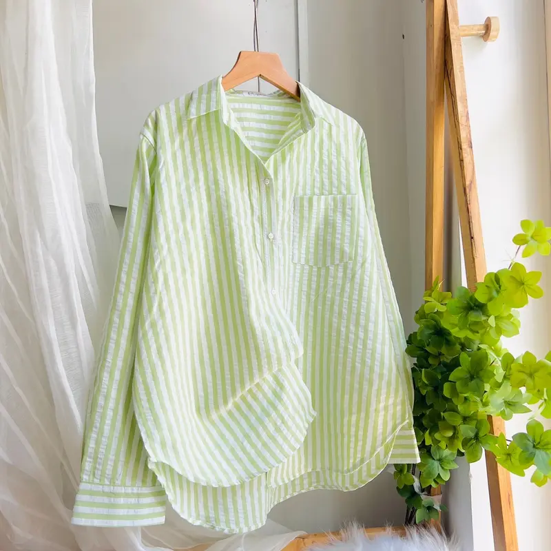 ( XÃ KHO ) Áo Sơ Mi Nữ Tay Dài Phom Rộng Chất Coton Đũi Mềm Mát Có Túi - Women's Top Shirt Kem Voi Nhung 4