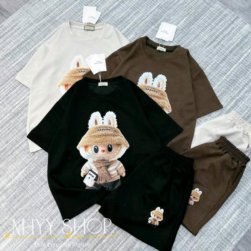 Bigsize 60-90kg Set bộ đùi thun cottong in hình labubu cho nữ, Bộ đồ áo thun tay lỡ in hình labubu tay lỡ + quần đùi lưng thun in hình Nhyy Shop 7
