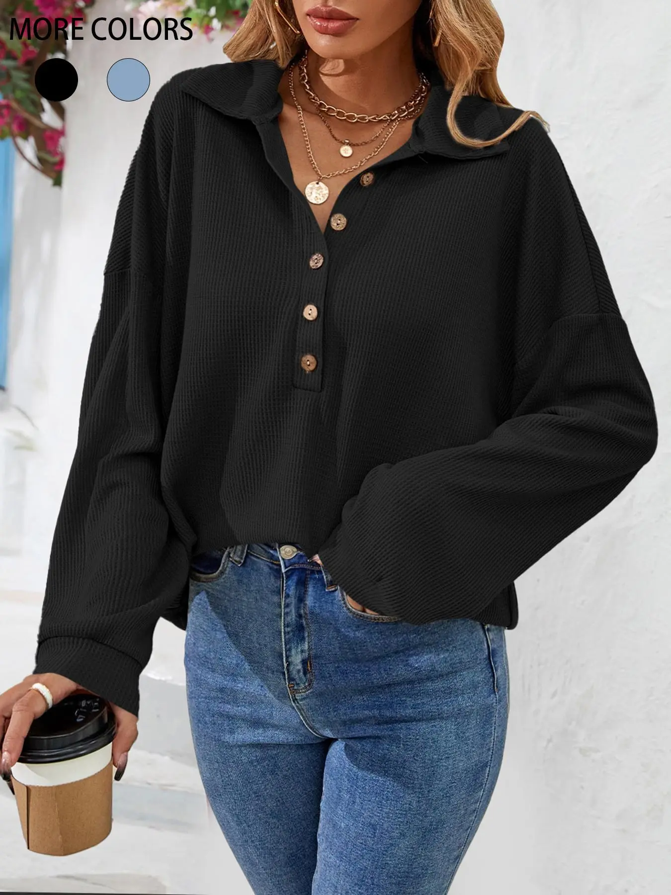 Women's Plain Drop Shoulder Polo Shirt, Casual Long Sleeve Half Button Collared Top for Spring & Fall, Women's Clothing for Daily Wear