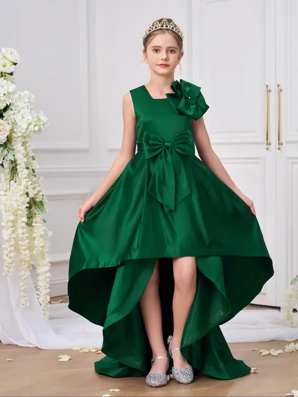 Girl's Floral Decor Mesh Bow Gown Dress, Elegant Formal Party Dress for School Performances & Evening Parties, Kids Clothes for Summer 5