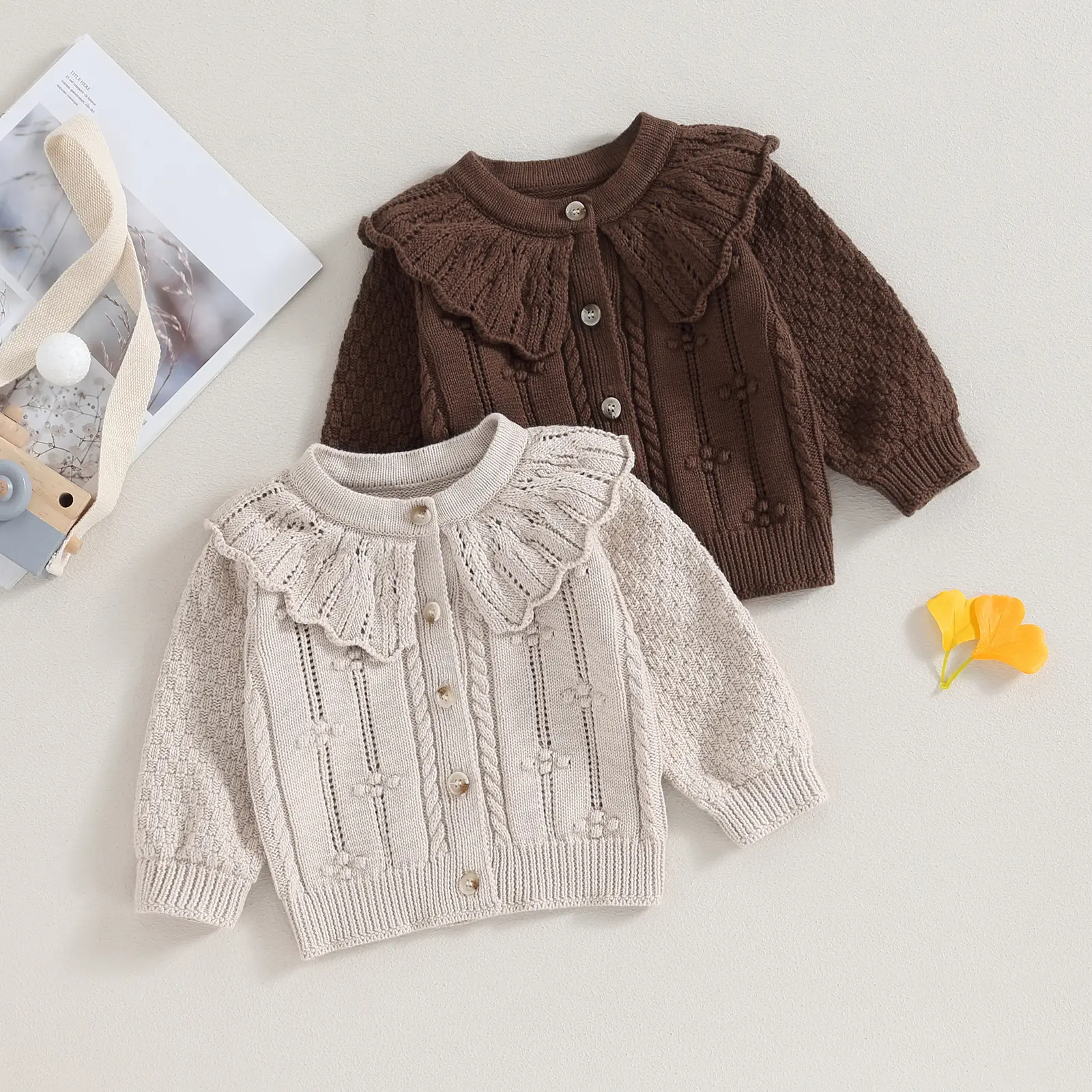 Baby Girls Knitted Cardigan Sweater Doll Collar Crochet Button Closure Cardigan Outerwear