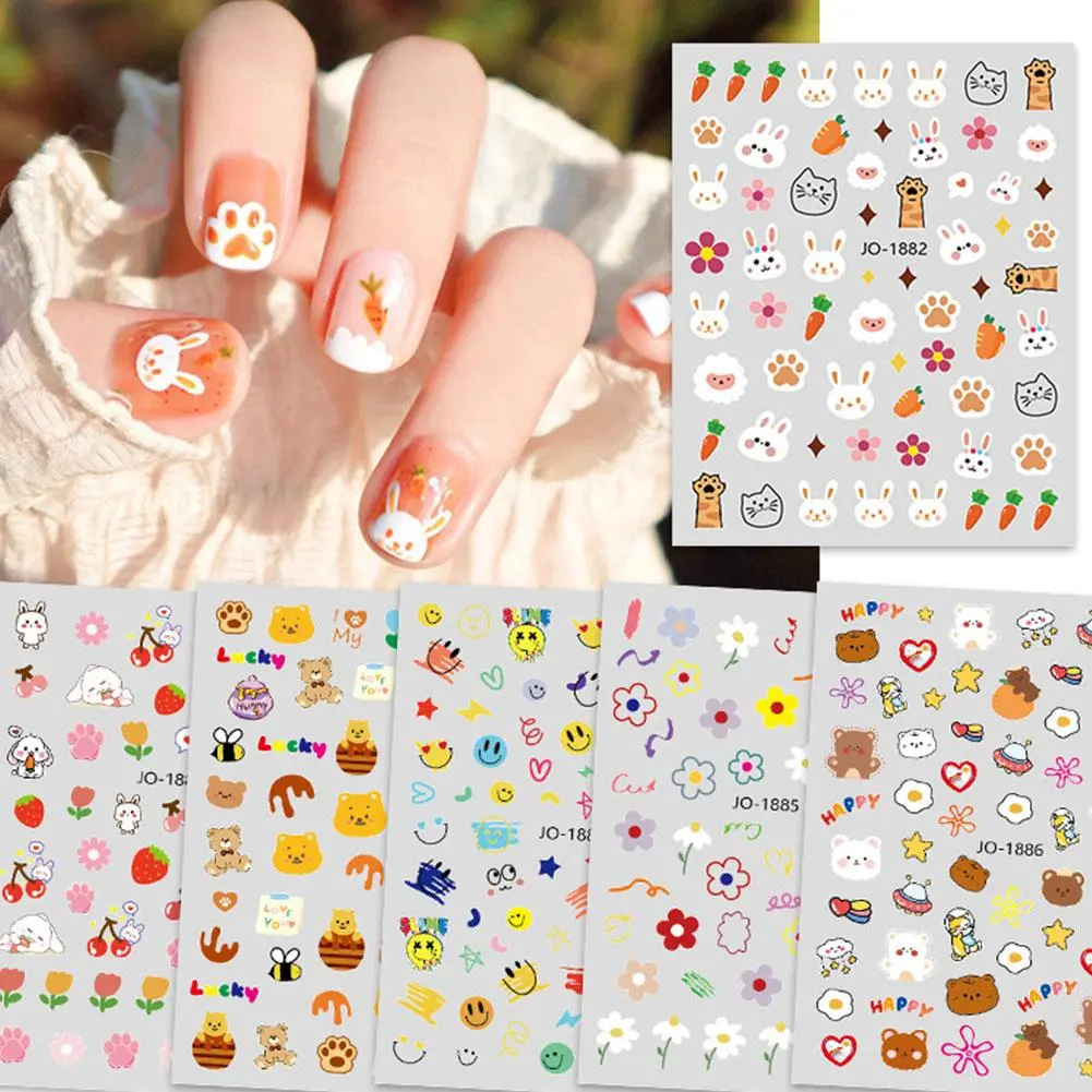 Cute Bear Nail Stickers Bunny Carrot Colorful Flowers Pink Tulip Nail Stickers