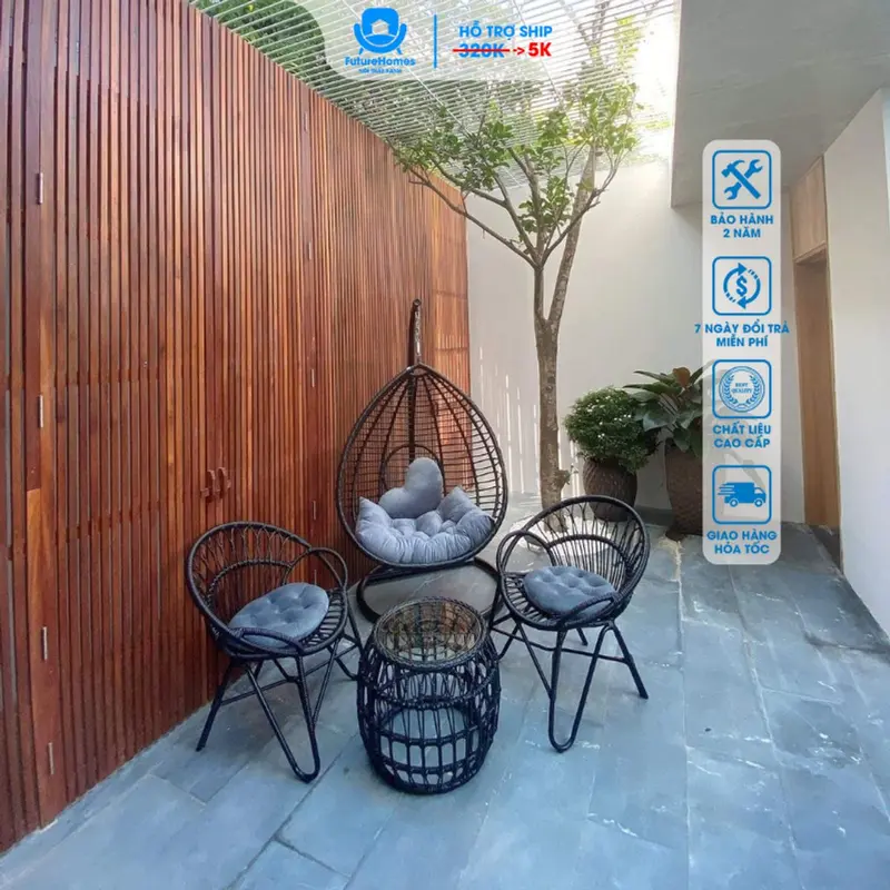 Combo Bàn Ghế & Xích Đu FutureHomes, Chất Liệu Giả Mây, Bền Đẹp Theo Thời Gian, Trang Trí Sân Vườn, Quán Cafe, Ban Công 0