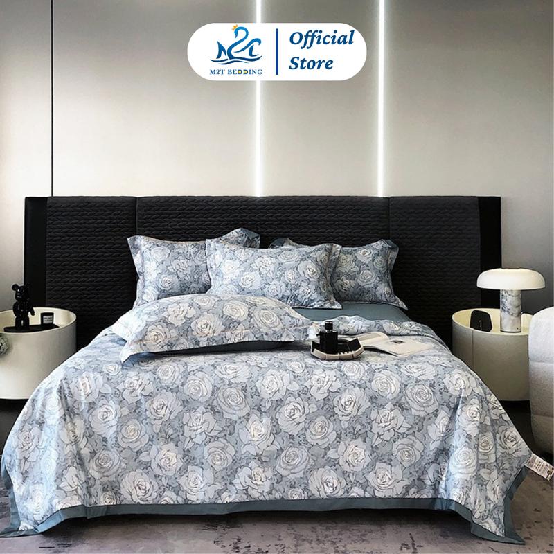 Bộ chăn ga gối LỤA THÁI M2T BEDDING - chăn chần bông mỏng cho mùa hè, ga giường và 2 vỏ gối nằm