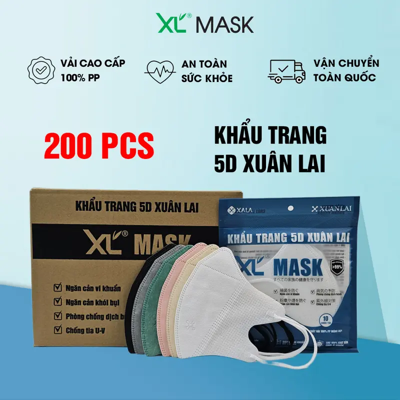 Thùng 200 cái khẩu trang 5D XL Mask (Xuân Lai) 3 lớp kháng khuẩn, chống bụi mịn ngăn ngừa tia UV 0