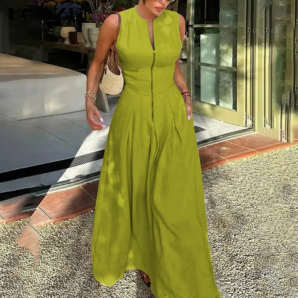 A-Line Loose Pleated Pockets Split-Joint Zipper Round-Neck Maxi Dresses