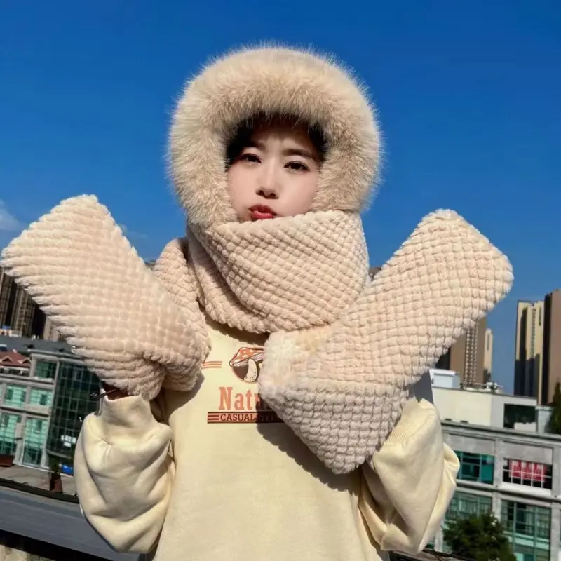 Mũ Lông Tơ Sang Trọng Cho Nữ, Găng Tay Khăn Quàng Cổ, Mũ Ba Mảnh, Dễ Thương, Dày, Ấm Áp, Thời Trang, Mùa Đông 0