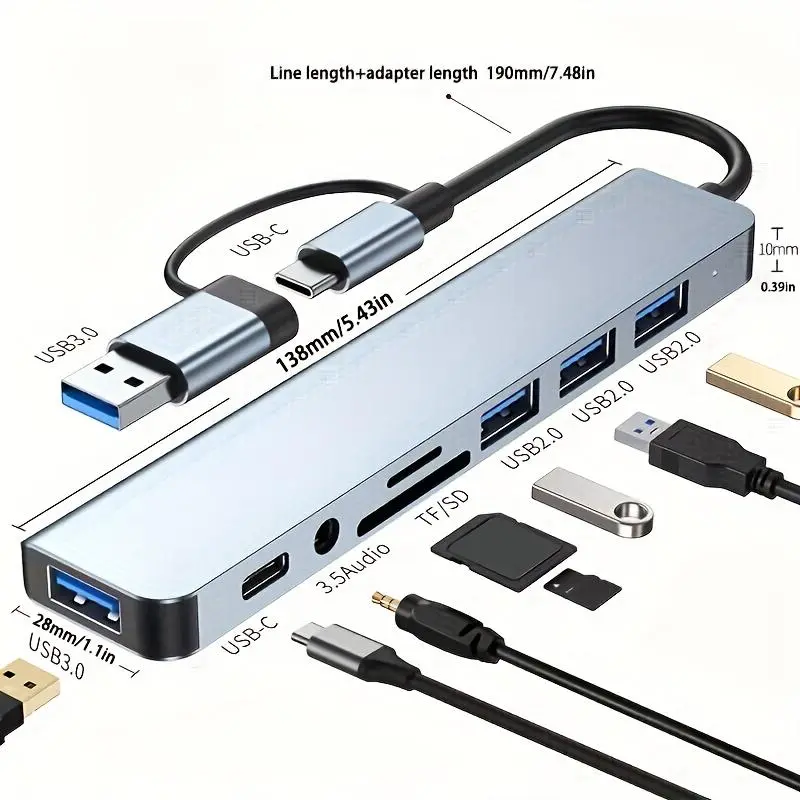 8-in-1 USB C Hub, USB Splitter, USB Extender with 4 USB Ports & 1 USBC TF/SD Card Reader, Suitable for MacBook Pro/iPad Pro/HP Laptops/Galaxy Phones 1