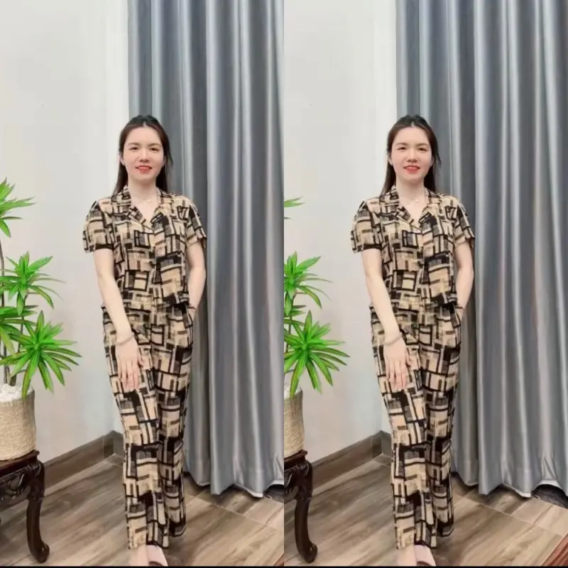 [Dài ống suông -Có Tay ]Sét Bộ Dài Vest  Thiết Kế Hoạ Tiết Caro, Hoa Văn Chất Mango Mềm Mịn Mát - Áo, Top
