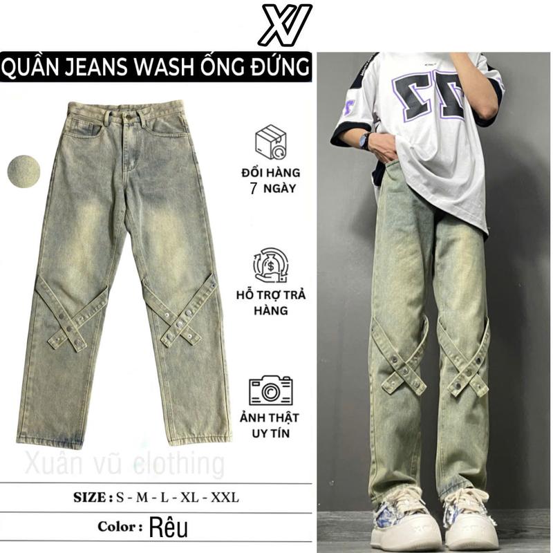 quần suông ống rộng jean màu rêu cúc bấm Menswear Nam Ong Pants Có Túi Loang Đen regular fit jeans