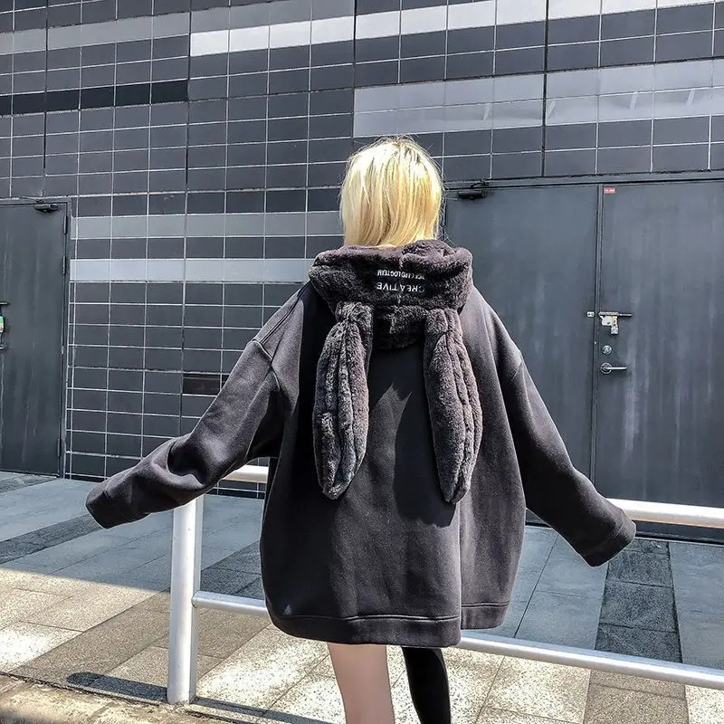 HD4 Áo hoodie nỉ bông tai thỏ dài siêu to khổng lồ chữ ngực thêu đáng yêu, mũ lông mềm unisex nam nữ 4