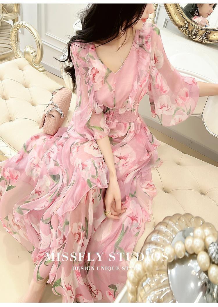 Product Introduction of Váy Voan, Shi Tong Tùy Chỉnh, Ngọt Ngào Và Thanh Lịch, Bộ Sưu Tập Mùa Xuân Và Mùa Hè 2022, Hàng Mới Về, Dành Cho Nữ, In Hình, Cổ Chữ V, Váy Dài Trung Bình Có Khóa Women Dress Màu Hồng 16