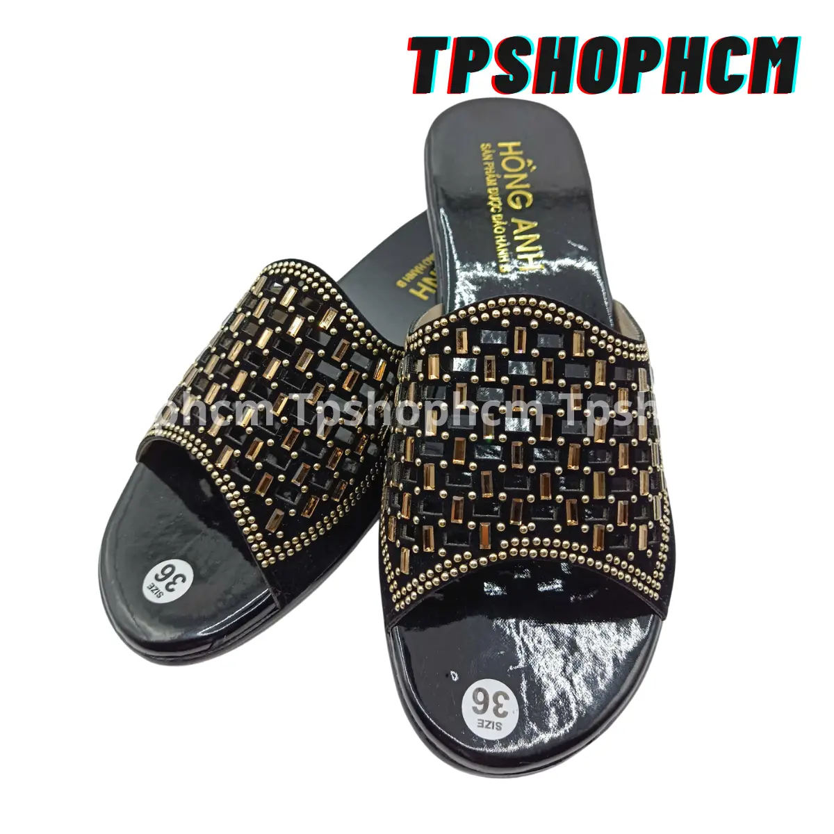 Dép nữ bệt quai ngang đính đá siêu sang trung niên 3cm cao cấp