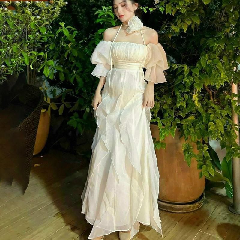  Đầm maxi trễ vai tay phồng 2 tầng xếp bèo hoa cổ đi biển dự tiệc váy nữ dress women Tre Trắng 