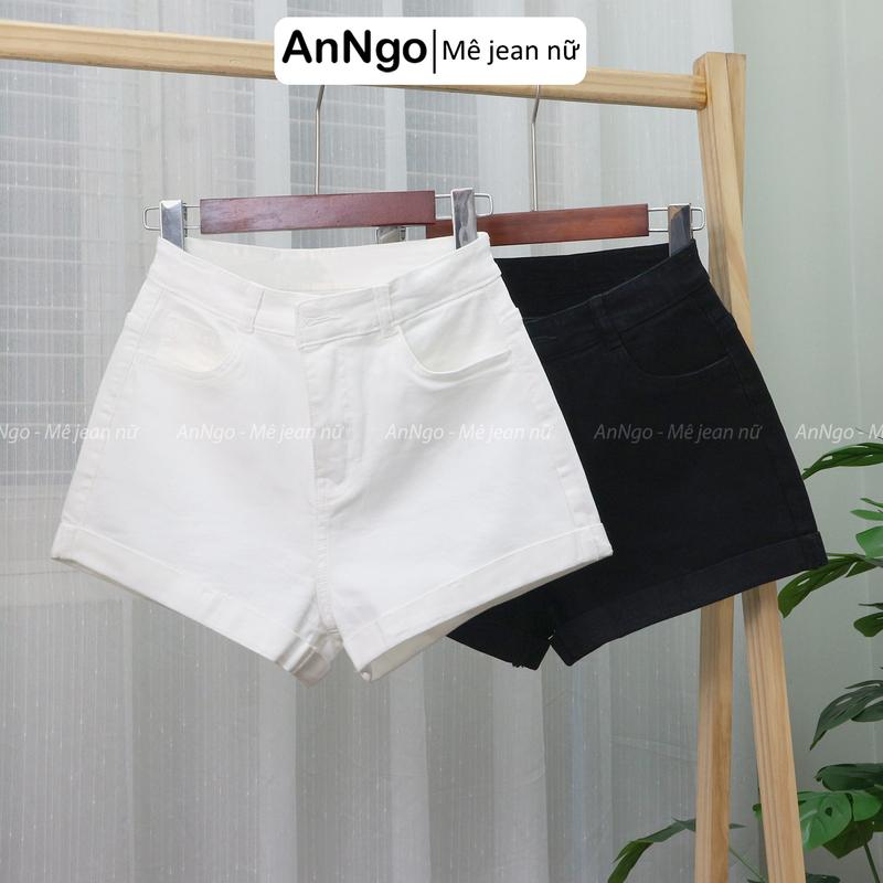 (Có big size) Quần short jean nữ co giãn trắng lật lai cá tính, chất jean cotton co giãn ôm body Anngo - AT489