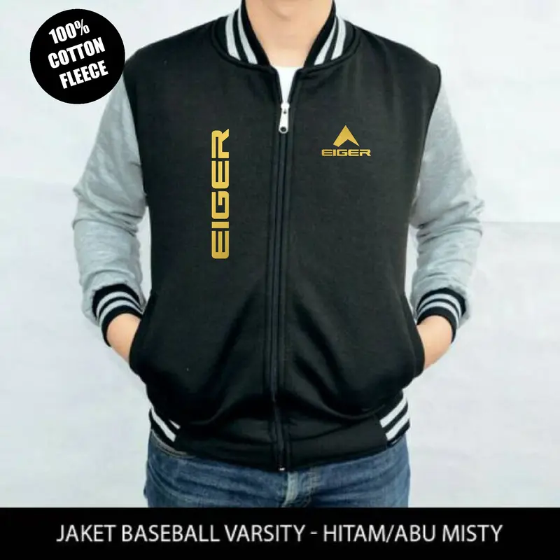 Jaket varsity bahan tebal dan lembut eiger text kiri kana goldd 0