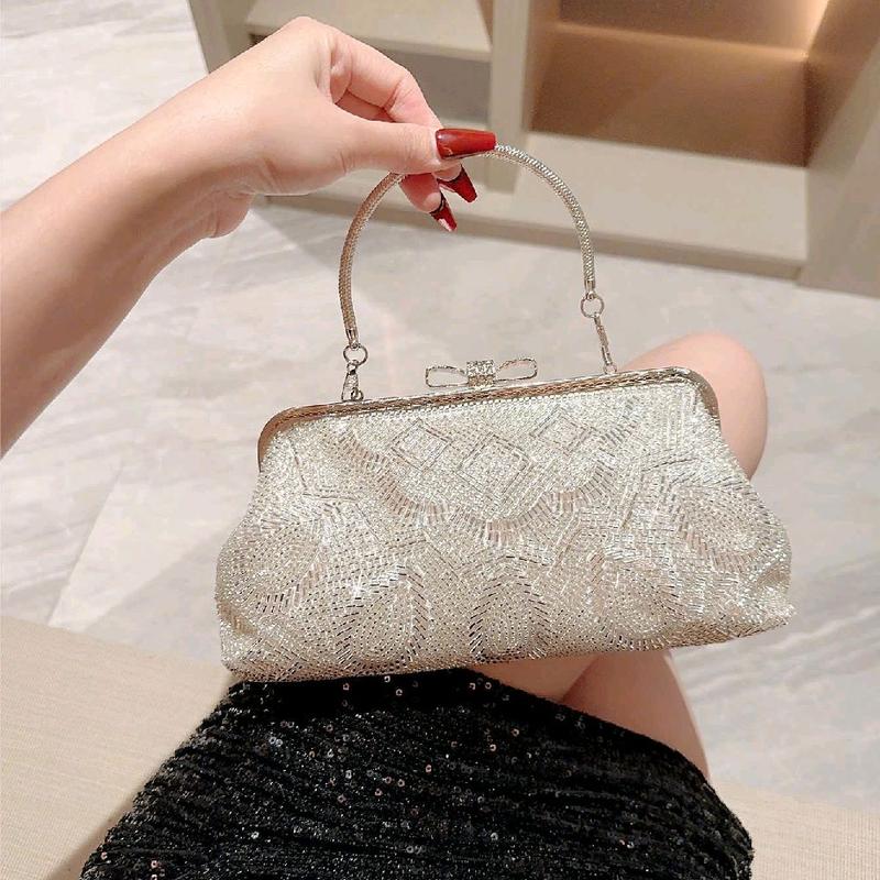  Clutch Cầm Tay Size 25 Form Mềm Túi Xách Nữ Đeo Chéo Cốp Đi Tiệc Đính Cườm Màu Xám Ghi Khóa Nơ Kèm Dây Xích HÀNG CHUẨN QC Women Bag Nhung Kem 