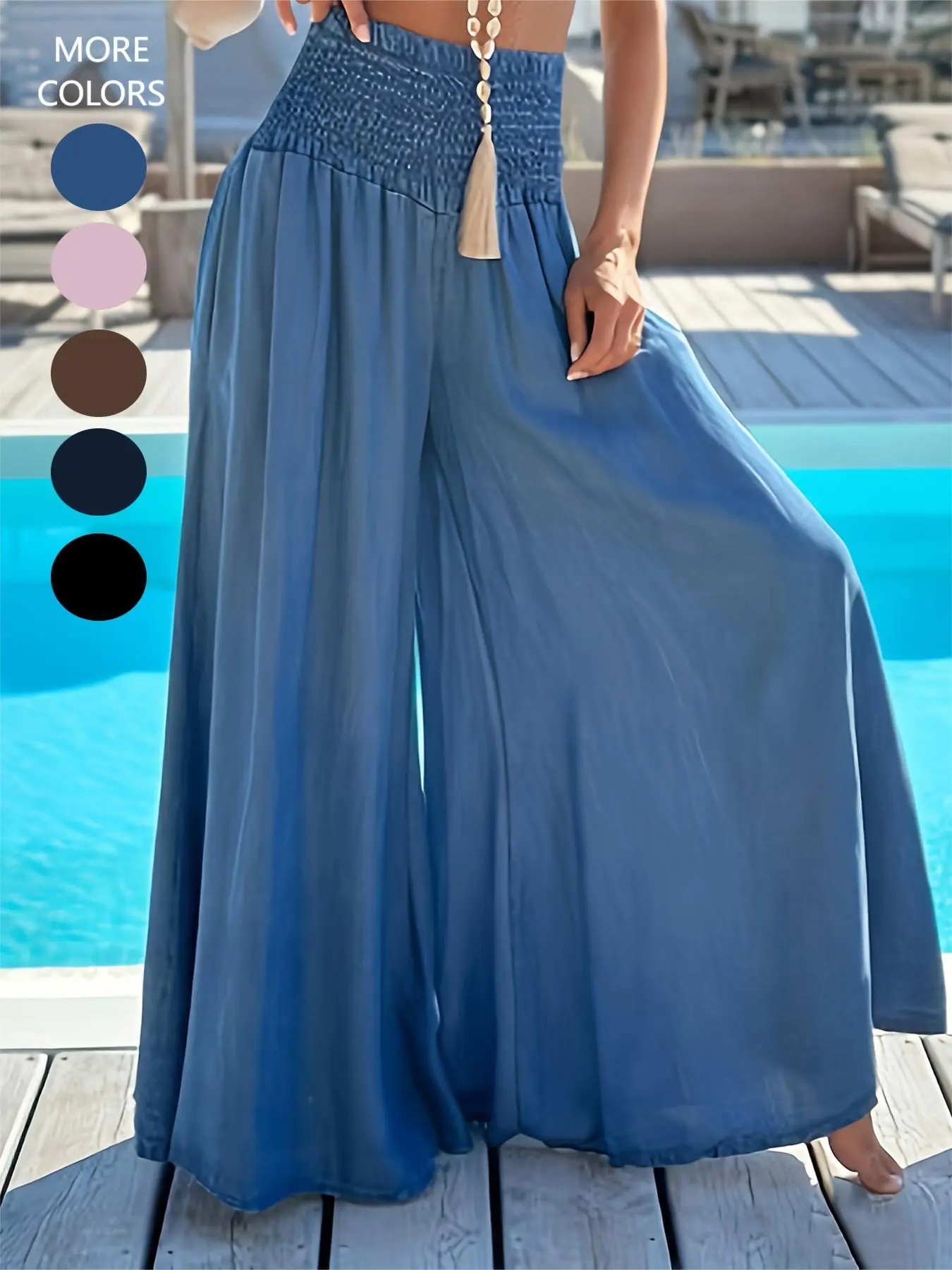 Women's Plain Shirred Wide Leg Pants, Boho Casual High Waist Trousers for Beach Vacation Holiday, Fashion Ladies Summer Clothes