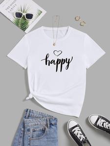 ImprinTee Women's Letter & Heart Print Round Neck Graphic Tee, Vintage Trendy Casual Short Sleeve T-shirt for Daily Wear, Ladies Summer Outfit