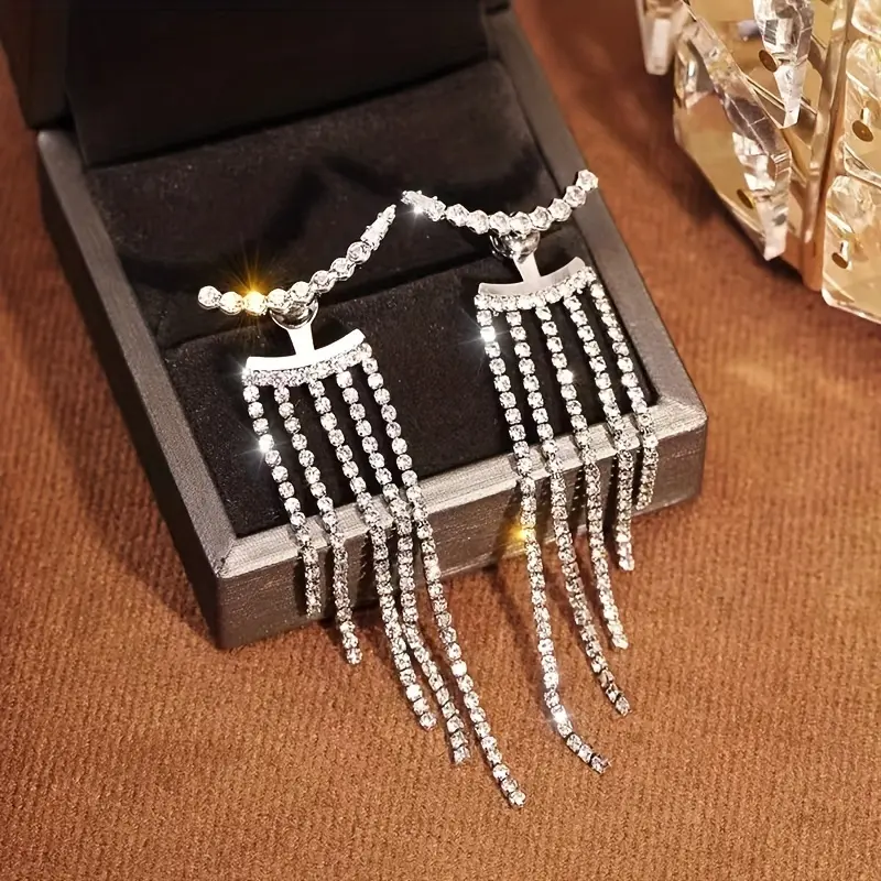 Silvery Chain Tassel With Sparkling Zirconia Inlaid Dangle Earrings Elegant Luxury Style Copper Silver Plated Jewelry Banquet Ear Ornaments 8