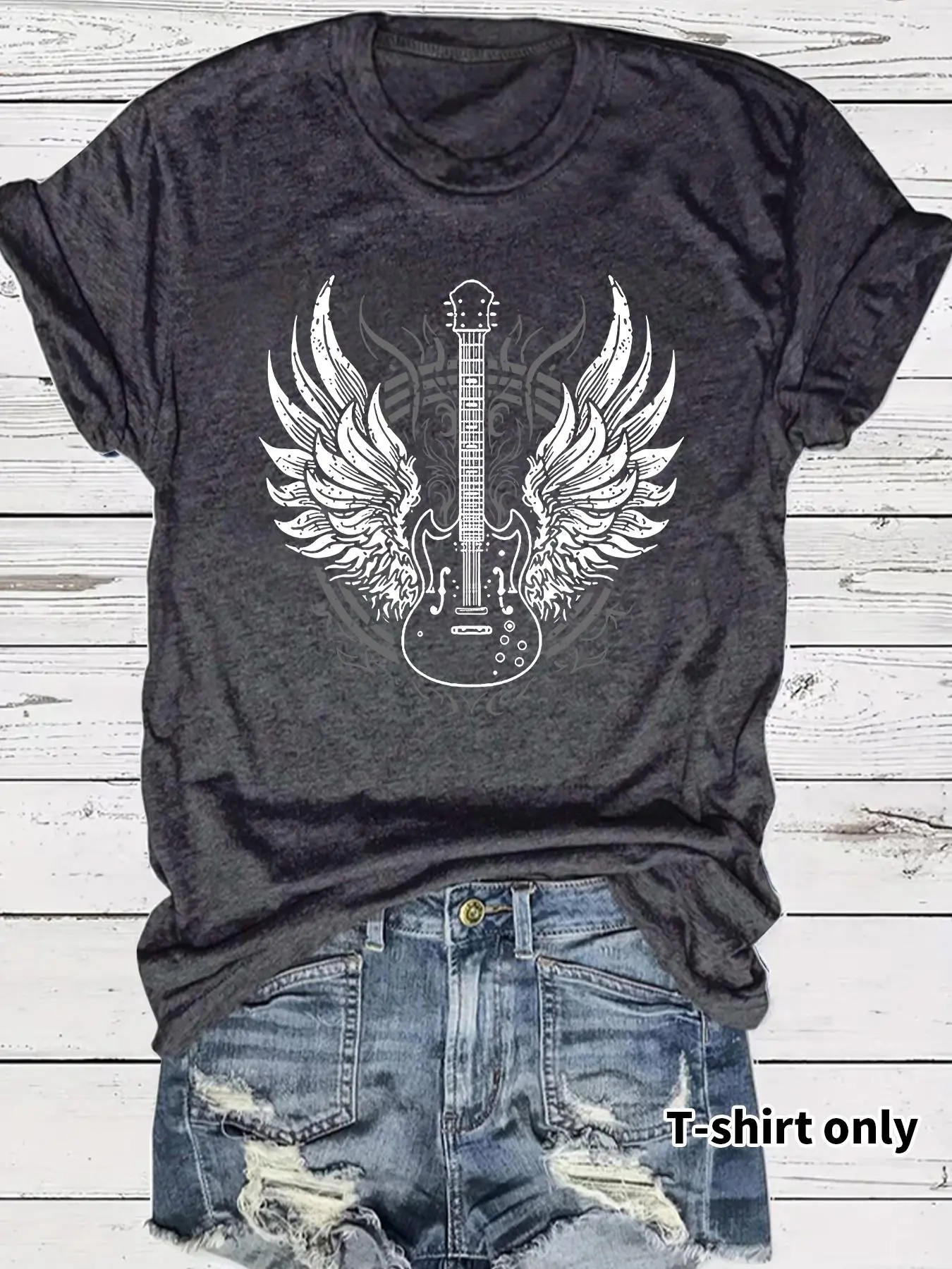Women's Guitar Print Round Neck Tee, Casual Short Sleeve Crew Neck T-shirt for Summer, Fashion Women's Top for Daily Wear