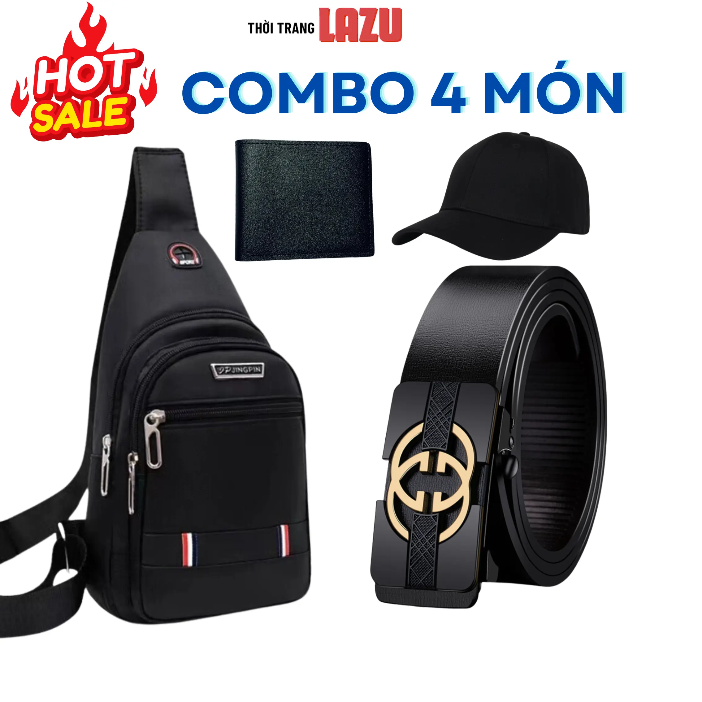 Combo 4 Món: Túi Đeo Chéo Nam Túi Đeo Nhiều Kiểu, Thắt Lưng Chữ H Khóa Tự Động, Ví Da Nam, Mũ Thời Trang Lazu Bag