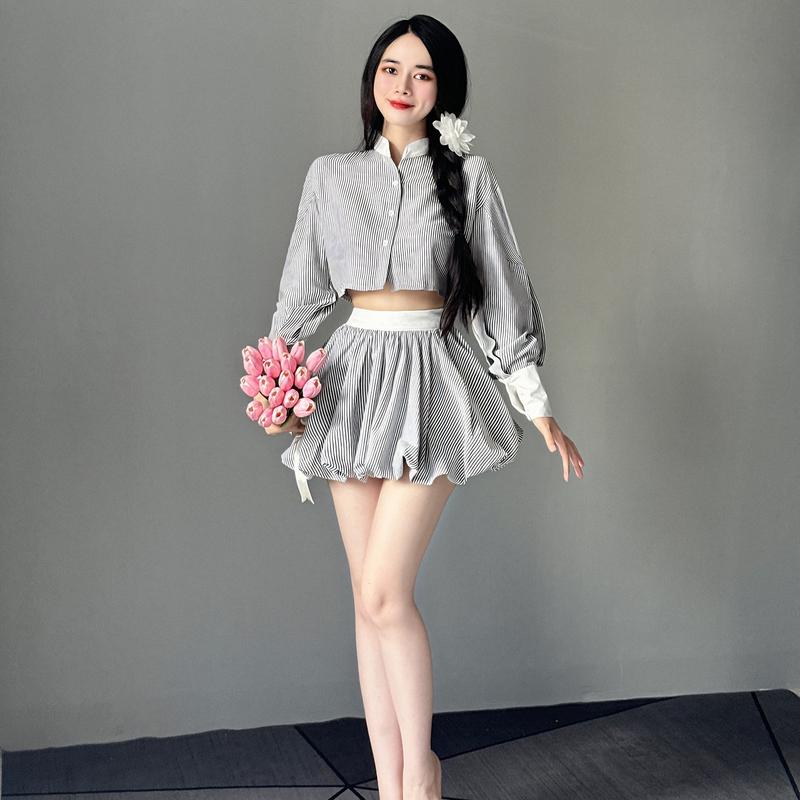 T3000 Set Đầm Nữ Thiết Kế EMME 2 Món Gồm Áo Sơ Mi Cổ Trụ Croptop Phối Sọc Mix Chân Váy Dáng Bí Ngắn Cách Điệu Women NhunG - Thanh Tự Chấm Bi Voi