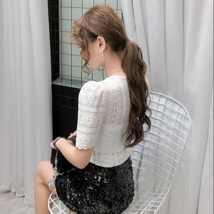 Áo Sơ Mi Ren khoét Tay bồng Cho Nữ, Hàng Mới Về Mùa Hè, ngắn Tay, Cổ Chữ V, Áo Gợi Cảm, Độc Đáo, Dáng Ôm, Dễ Phối Đồ, Cỡ Nhỏ Áo Sơ Mi Nhỏ Top Women 4