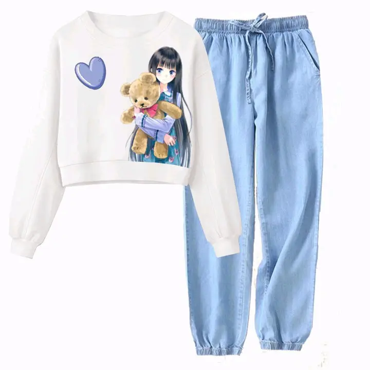 SETELAN ANAK REMAJA PEREMPUAN ANIME GIRL HUG BEAR CELANA DENIM Lengan panjang Fashion