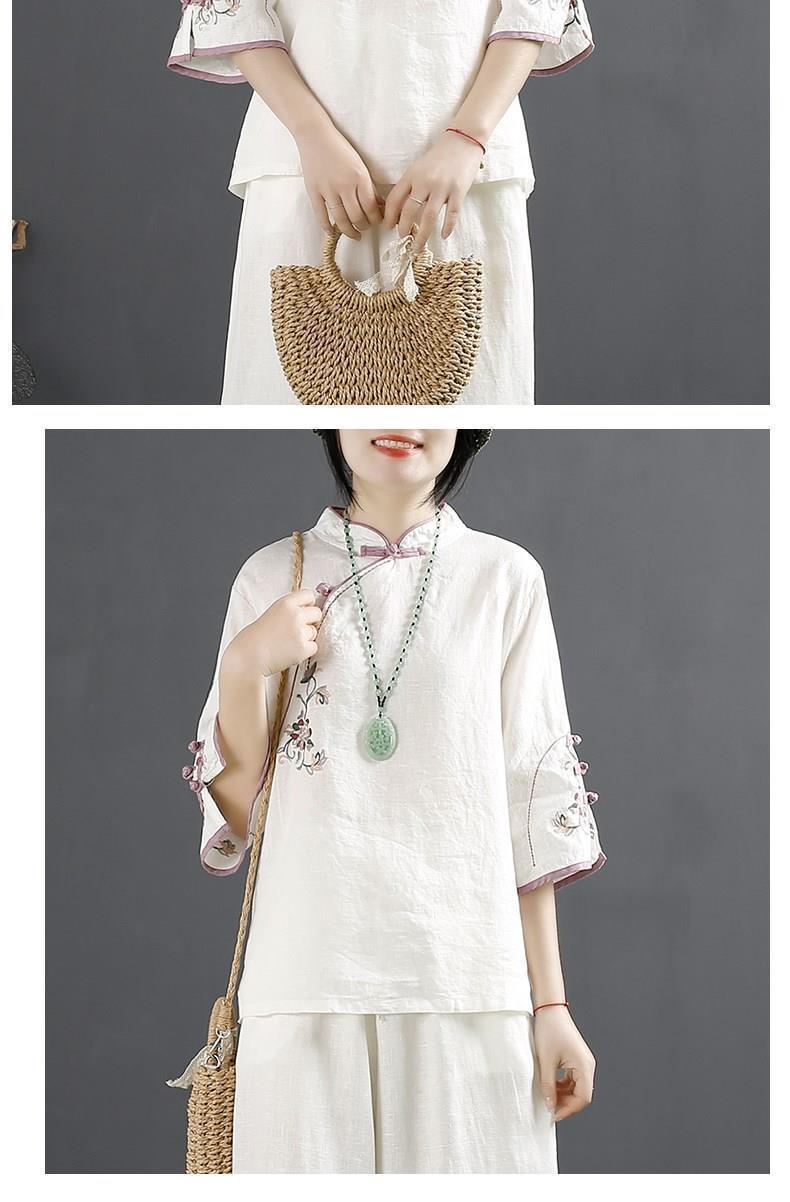 Product Introduction of Oemg2024 Summer New Chinese Style Retro Cotton and Linen Shirt Women's Chinese Style Stand-up Collar Frog Button Top Embroidered Cotton Tea Clothes 18