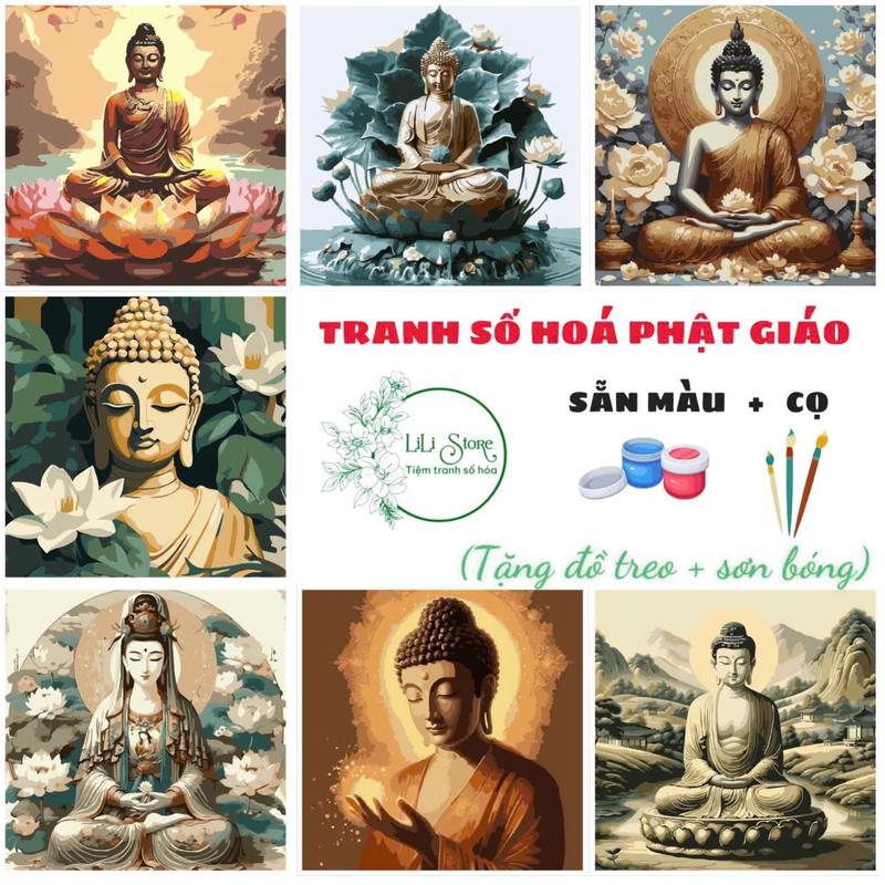 [Có sơn bóng] Tranh tô màu số hoá DIY khổ NHỎ 20x20cm đã căng khung- Tranh Phật