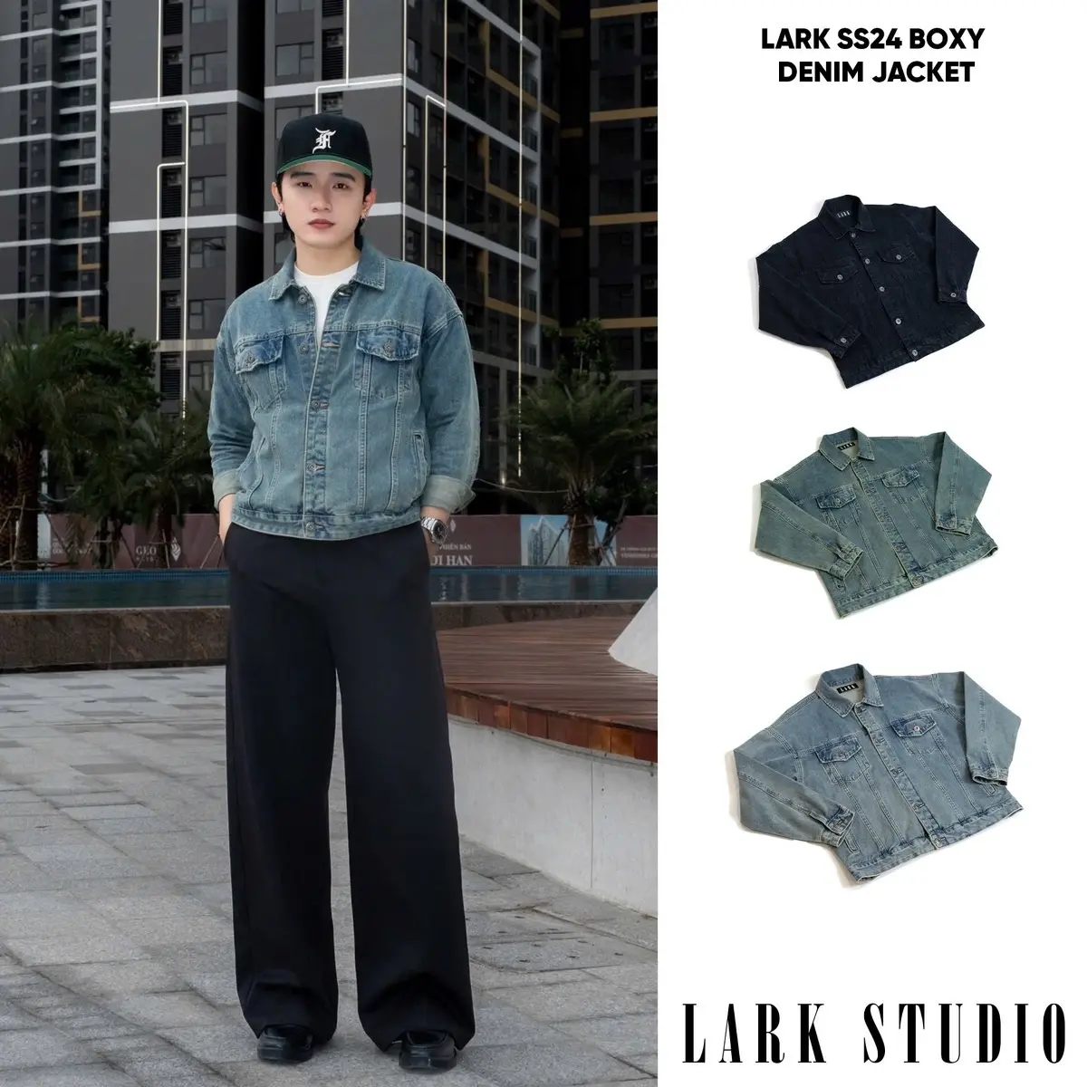 Áo khoác Boxy Denim Jacket - LarkStudio Collection 2024 - Form Boxy tôn dáng, dễ phối đồ, Menswear phân khúc cao cấp Có Cổ Có Túi Trong áo