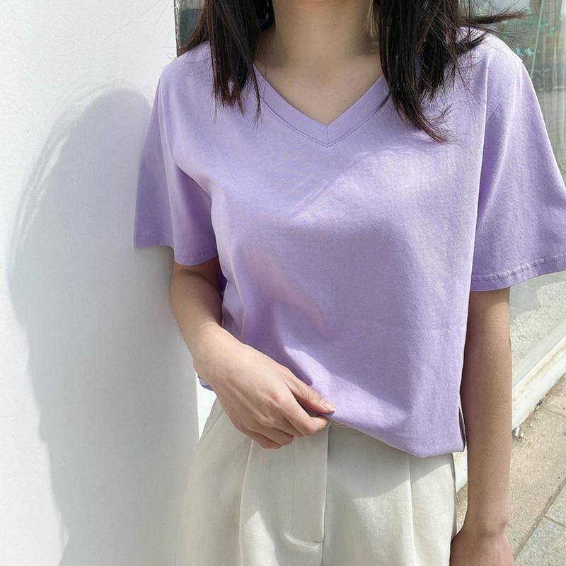 Áo thun cổ tim áo cổ V nữ trơn chất xược cotton nữ cổ tim thun giấy cổ tim nữ cổ V Top Sơ Mi Cổ Tròn