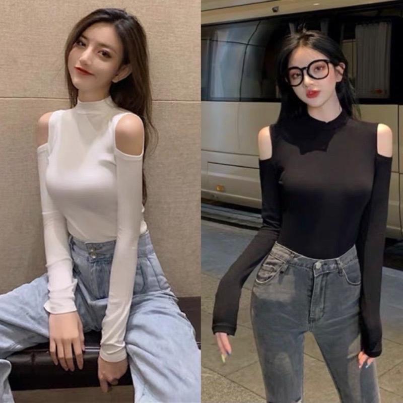  Áo Tay Dài Cổ Cao Khoét Vai Chất Len Tăm T68 