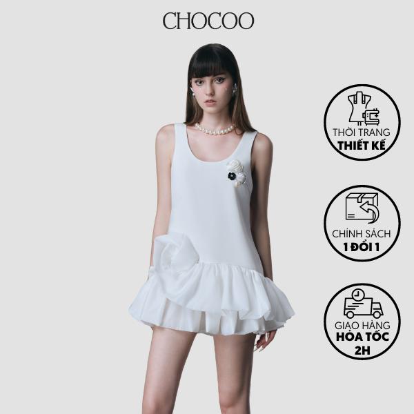 Đầm hai dây babydoll thiết kế Chocoo Randie Mini Dress chất liệu cotton tuyết cao cấp chi tiết đính hoa tạo điểm nhấn Nữ Kem