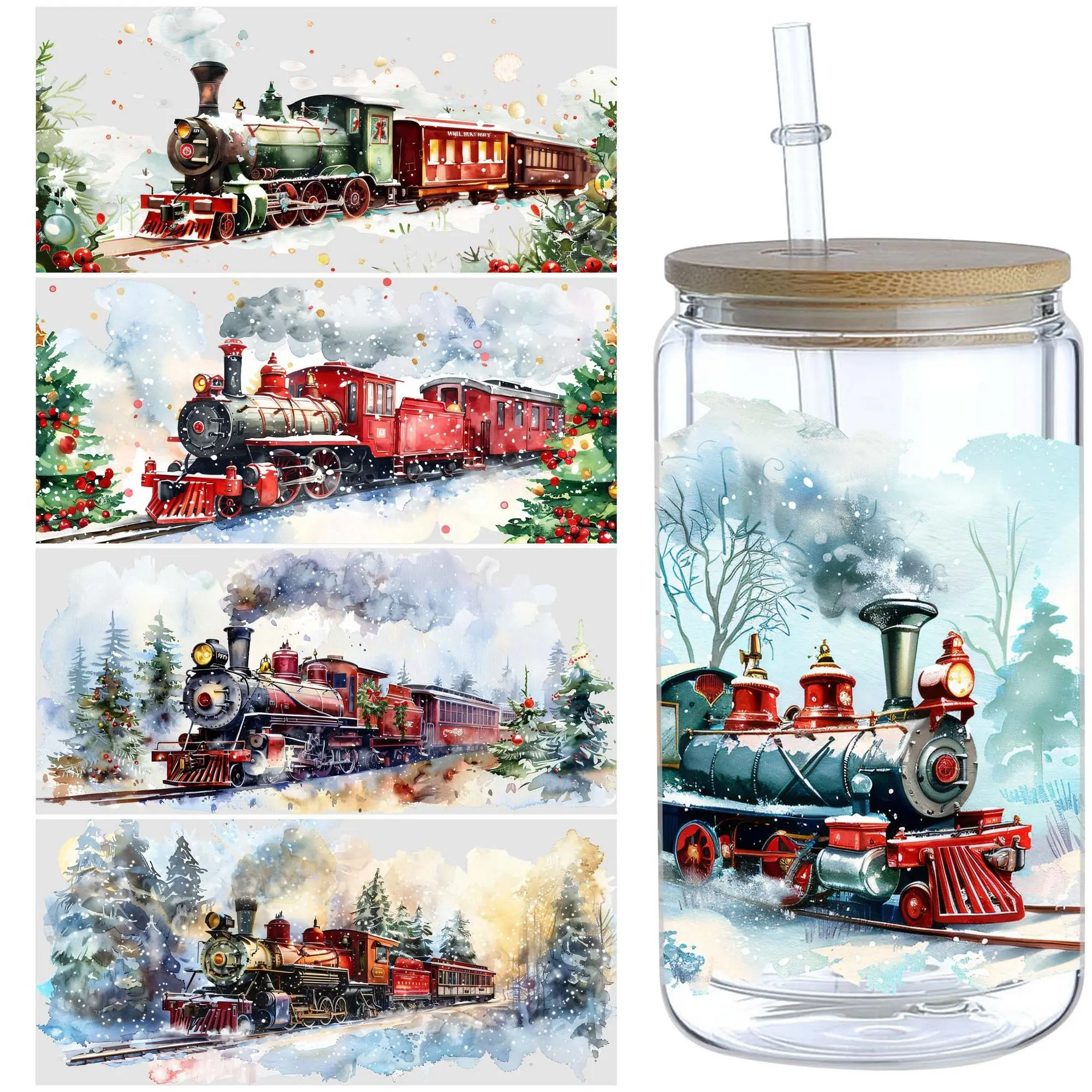 Christmas Steam Train Pattern Glass Cup Sticker, 5 Counts/set Waterproof Punk Transfer Sticker, Decorative Sticker for 16oz Glass, Cups, Crafts