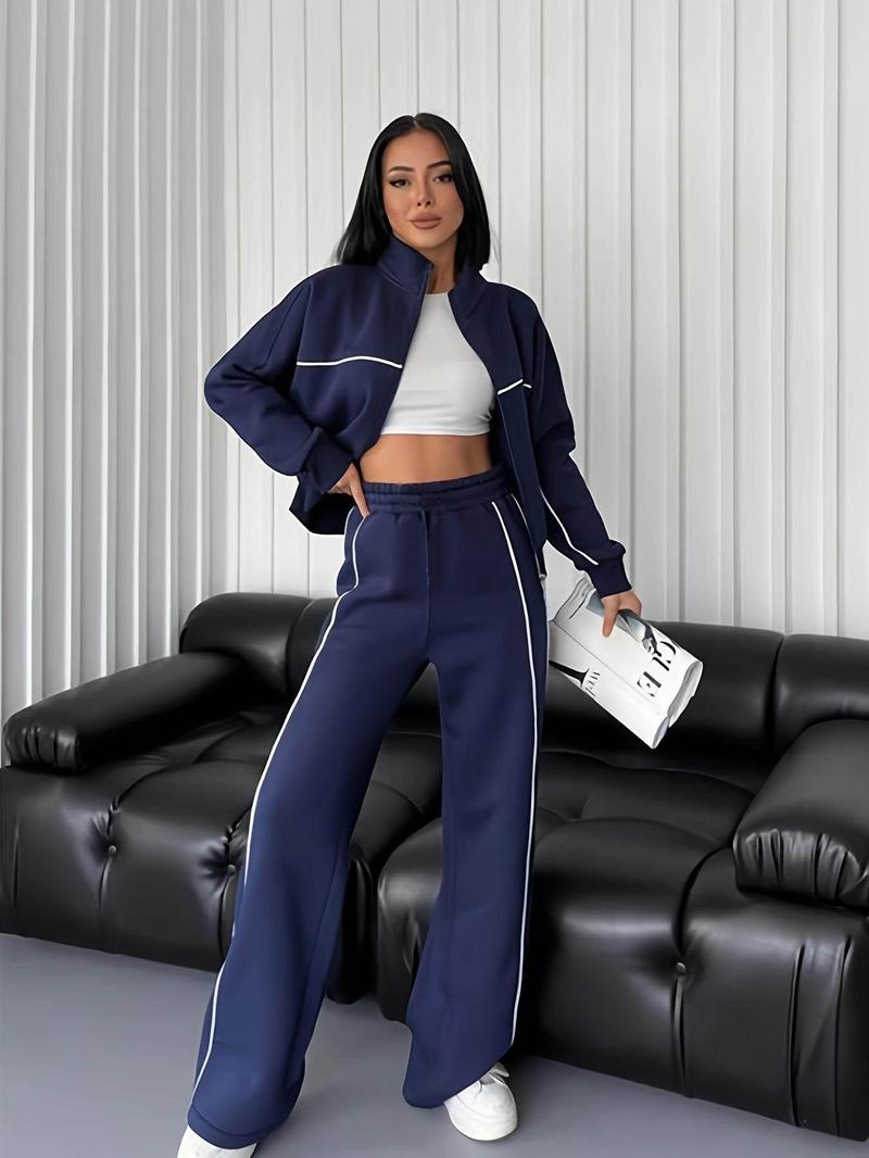Product Introduction of Women's Striped Zip Up Jacket & Drawstring Waist Pants Two-piece Set, Casual Fashion Drop Shoulder Long Sleeve Outerwear & Trousers for Daily Wear, Women's Clothing for Fall & Winter 4